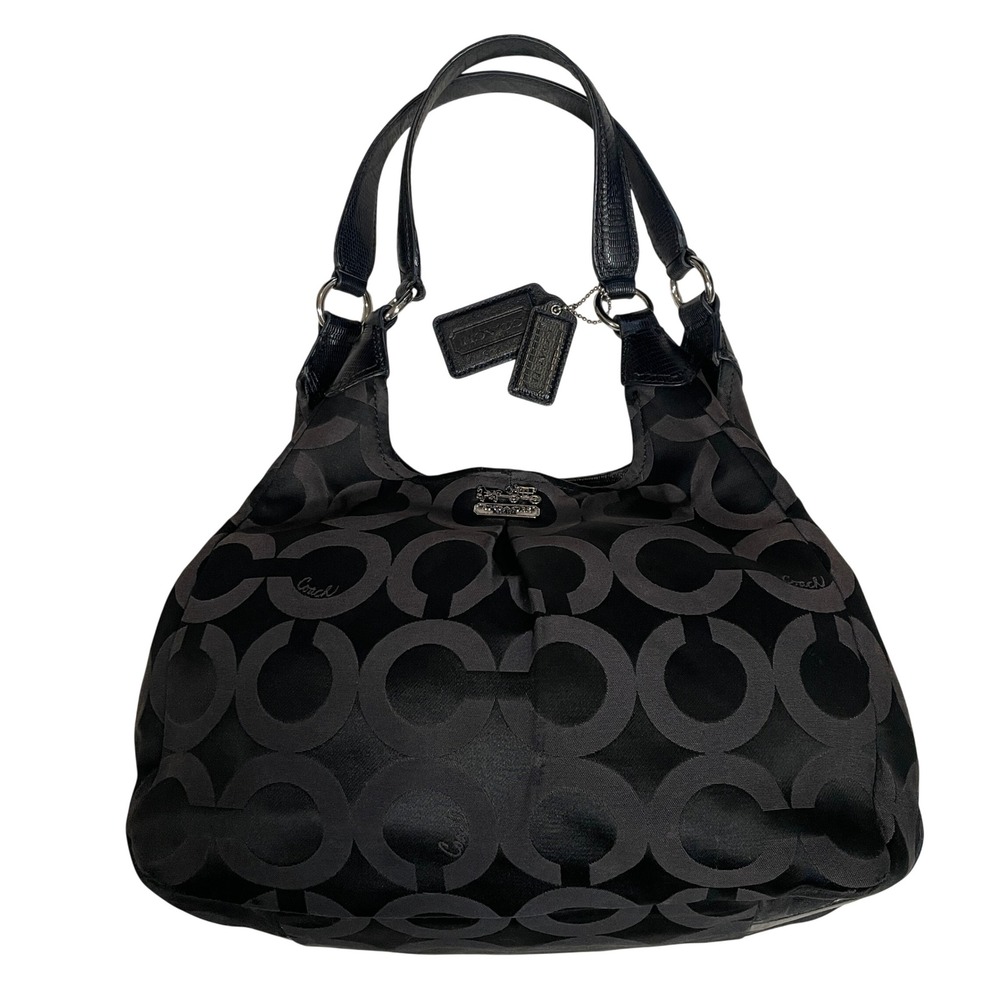 Coach Madison Maggie Op Art Handbag Black Hobo Sateen Signature Leather Trim